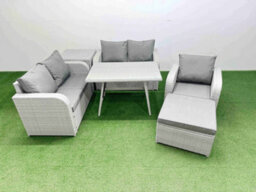 Fimous 6 Seater Outdoor Rattan Garden Furniture Set With Rectangular Dining Table Side Table Big Footstool Light Grey - thumbnail 2