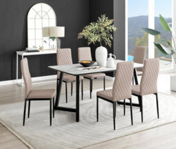 Furniturebox Carson 6 Seater White Marble Effect Rectangular Scratch Resistant Dining Table With 6 Beige Milan Faux Leather Black Leg Chairs