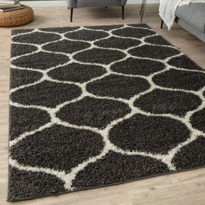 The Rugs Moroccan Shaggy Rugs And Runners Soft Fluffy Trellis Design High Pile Dark Grey And Ivory Living Room Kitchen Hallway 640 - image 1