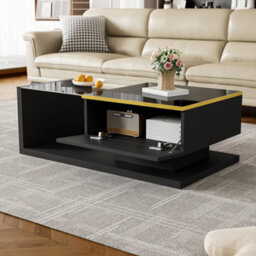 Btm 90 Cm Long Coffee Table, High-Gloss Black. Side Tables, Coffee Tables With Glass And Led Effect - thumbnail 4