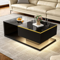 Btm 90 Cm Long Coffee Table, High-Gloss Black. Side Tables, Coffee Tables With Glass And Led Effect - thumbnail 2