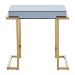 Orsina Decent End Table With Grey Mirrored Top, Metal Side Table With C-Shaped Base, Luxe Gold Finish Small Table - thumbnail 2