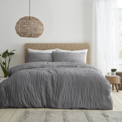 Catherine Lansfield Bedding Seersucker Embellished Duvet Cover Set With Pillowcases Grey - image 1