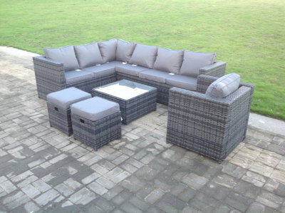 Fimous Dark Grey Mixed Rattan Garden Furniture Corner Sofa Set Square Coffee Table Chair Small Ootstools - image 1