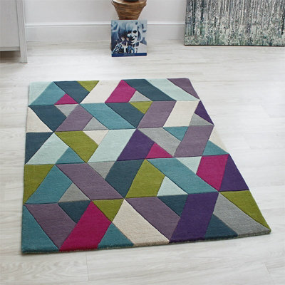 Blue Green Geometric Funky Handmade Luxurious Modern Wool Rug For Living Room And Bedroom-200Cm X 300Cm
