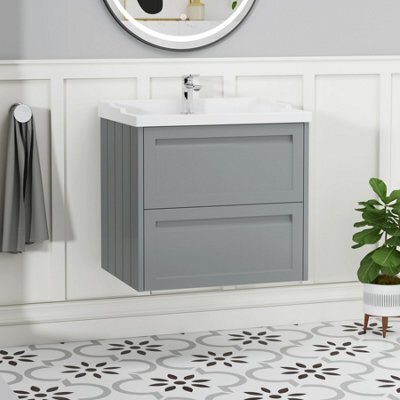 Royal Bathrooms Elmore 600mm Wall Hung 2 Drawer Bathroom Vanity Unit With Traditional Ceramic Basin Sink - Matt Pebble Grey - image 1