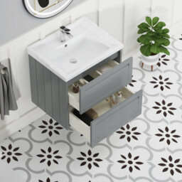 Royal Bathrooms Elmore 600mm Wall Hung 2 Drawer Bathroom Vanity Unit With Traditional Ceramic Basin Sink - Matt Pebble Grey - thumbnail 5