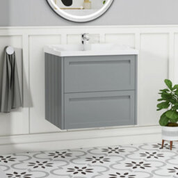 Royal Bathrooms Elmore 600mm Wall Hung 2 Drawer Bathroom Vanity Unit With Traditional Ceramic Basin Sink - Matt Pebble Grey - thumbnail 1