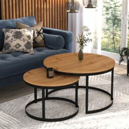 Okin 2 Piece Coffee Table Set Modern Metal Base With Durable Laminated Pvc Tops Large Small Duo Legs Black Tabletop Artisan Oak - thumbnail 2