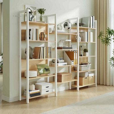 Bookcase With 14 Shelves, Industrial Display Storage Unit, Metal Frame For Living Room And Home Office, Golden Oak And Matte White - image 1