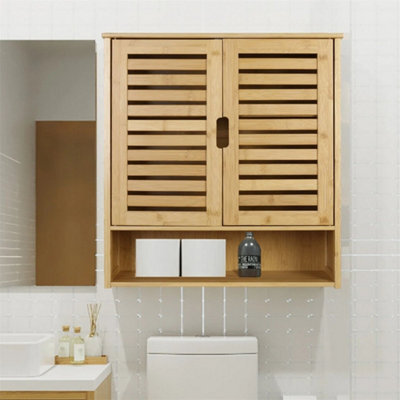 Hanging Wall Mounted Bamboo Cabinet Cupboard Wooden Bathroom Shelves - image 1