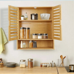 Hanging Wall Mounted Bamboo Cabinet Cupboard Wooden Bathroom Shelves - thumbnail 4