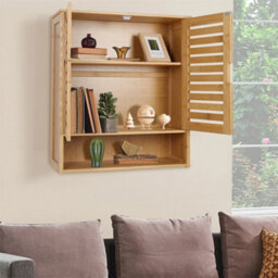 Hanging Wall Mounted Bamboo Cabinet Cupboard Wooden Bathroom Shelves - thumbnail 5