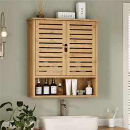 Hanging Wall Mounted Bamboo Cabinet Cupboard Wooden Bathroom Shelves - thumbnail 3