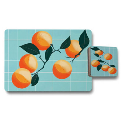 Benjamin Tate Design Turquoise Grid Citrus Placemat And Coaster Set In Trend Designer Artwork Wood Base Limited Edition - image 1