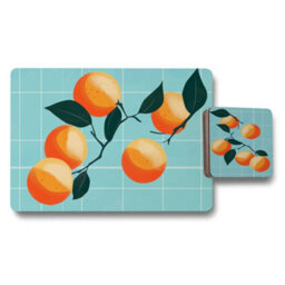 Benjamin Tate Design Turquoise Grid Citrus Placemat And Coaster Set In Trend Designer Artwork Wood Base Limited Edition