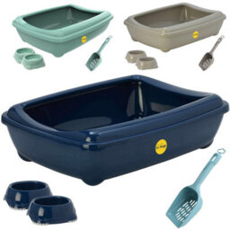 Cat Centre.Direct Cat Centre Jumbo Open Litter Tray With Scoop And X2 0.3L Smarty Bowls In Dark Blue