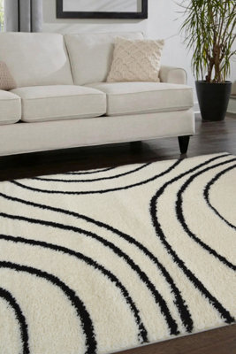 Melrose Shaggy Iso Ivory Patterned Black Wave Lines Indoor Medium Area Rug 120/170Cm - image 1
