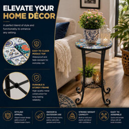 Shatchi 35Cm Mosaic Plant Stand And Side Table With Ceramic Tile Top For Indoor And Outdoor Use - thumbnail 9