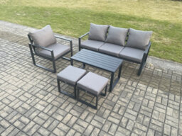 Fimous Aluminium Outdoor Garden Furniture Set Patio Lounge Sofa With Oblong Coffee Table 2 Small Footstools Armchair Dark Grey - thumbnail 2