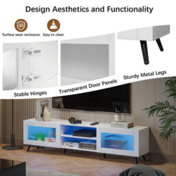 Keepreaper Sleek White Tv Stand For 32-70 Inch Tvs With 2 Acrylic Doors And 58-Inch Media Console Tv Unit - thumbnail 9