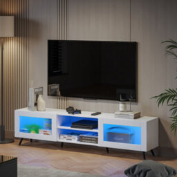 Keepreaper Sleek White Tv Stand For 32-70 Inch Tvs With 2 Acrylic Doors And 58-Inch Media Console Tv Unit - thumbnail 1