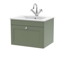 Balterley Swynnerton Traditional 1 Drawer Wall Hung Vanity Unit With Basin, Satin Green, 600mm - thumbnail 1