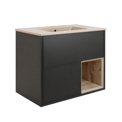 Homestylestore Black Grey 812mm Wall Hung Bathroom Vanity Unit Open Shelf And Sand Basin - image 1