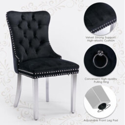 HomeTouch Set Of 2 Lux Velvet Dining Chairs With Steel Legs And Pull Knocker Back Tufted Kitchen Chairs Home Office Accent Chairs Black - thumbnail 7