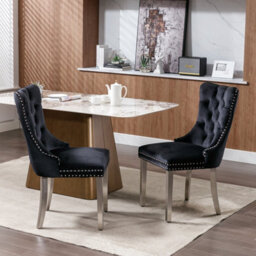 HomeTouch Set Of 2 Lux Velvet Dining Chairs With Steel Legs And Pull Knocker Back Tufted Kitchen Chairs Home Office Accent Chairs Black - thumbnail 4