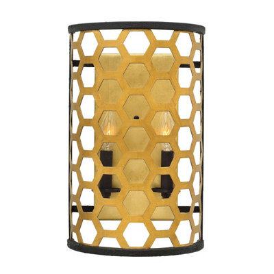 Stylish Twin Wall Light With Hexagonal Laser Cut Design In Black And Sunset Gold Finish