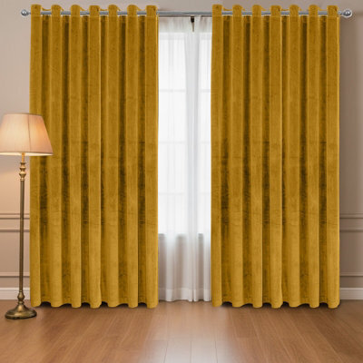 Oxford Homeware Eyelet Velvet Curtains Ochre Fully Lined Blackout Thermal Insulated Eyelet Curtains Pair (W)228Cm X (L)228Cm - image 1