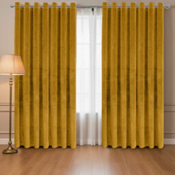 Oxford Homeware Eyelet Velvet Curtains Ochre Fully Lined Blackout Thermal Insulated Eyelet Curtains Pair (W)228Cm X (L)228Cm
