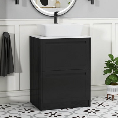 Royal Bathrooms Royal Bathroom Elmore 600mm Matt Nocturne Black Freestanding Bathroom Vanity Unit 2 Drawer Plain White Worktop With Cube Basin - image 1