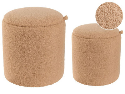 Wyld And Coco Boucle Storage Pouffes Set Of 2 Light Brown Round Ottomans With Hidden Storage - image 1