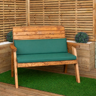 Samuel Alexander Hand Made Traditional 2 Seater Chunky Rustic Wooden Garden Bench With Green Cushions. Flat Packed - image 1