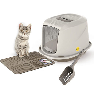Cat Centre.Direct Cat Centre Medium Grey Cat Hooded Set: Litter Tray + Scoop + Tray Mat + Carbon Filter