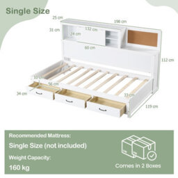 Costway Wooden Sofa Bed Frame With 3 Drawers Single/double Size Guest Bed - thumbnail 3
