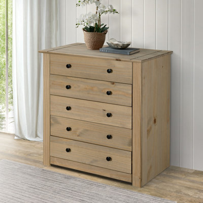 Mews Panama 5 Drawer Chest Of Drawers Solid Pine Wood Waxed Oak Finish
