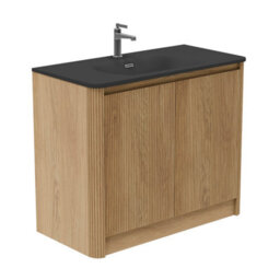 Plum&clay Isla Ribbed Fluted Oak Wood Freestanding Bathroom Vanity Unit & Black Basin Set (W)1000mm - thumbnail 1