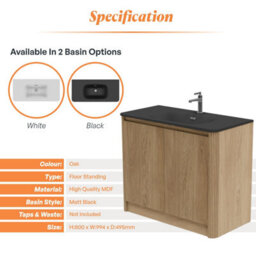 Plum&clay Isla Ribbed Fluted Oak Wood Freestanding Bathroom Vanity Unit & Black Basin Set (W)1000mm - thumbnail 5