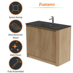 Plum&clay Isla Ribbed Fluted Oak Wood Freestanding Bathroom Vanity Unit & Black Basin Set (W)1000mm - thumbnail 6