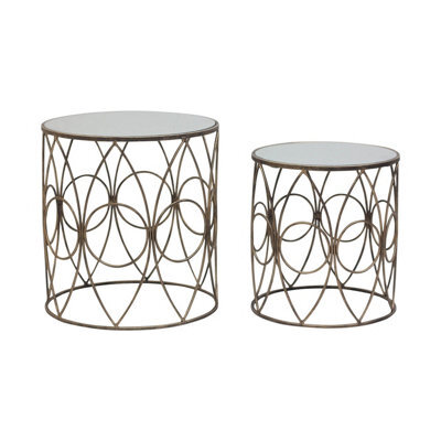 Orsina Set Of 2 Antique Frame Round Tables,copper-Finish Round Tables With Mirror Tops,circular Tables,accent Table - image 1