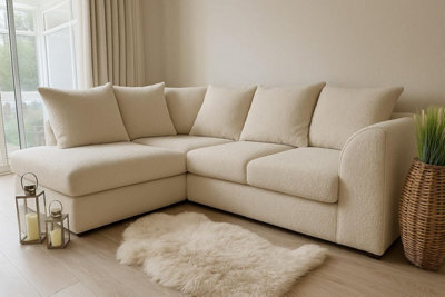 Cream Bouclé Corner Sofa Left Hand Facing 4 Seater L Shaped Sofa, Soft Teddy Fabric Couch With Scatter Back Cushions, - image 1