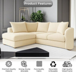 Cream Bouclé Corner Sofa Left Hand Facing  4 Seater L Shaped Sofa, Soft Teddy Fabric Couch With Scatter Back Cushions, - thumbnail 2
