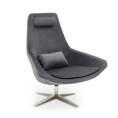 Orsina Grey Curved Velvet Arm Chair With Lumbar Cushion And Headrest, Lounge Chair With Base For Home, Office - image 1