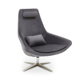 Orsina Grey Curved Velvet Arm Chair With Lumbar Cushion And Headrest, Lounge Chair With Base For Home, Office - thumbnail 1