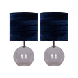 First Choice Lighting Set Of 2 Buck - Clear Glass Table Lamps With Navy Blue Velvet Shade