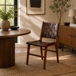 Where Saints Go Ltd London Dining Chair, Brown Woven Leather, Solid Teak Frame By Where Saints Go - thumbnail 1