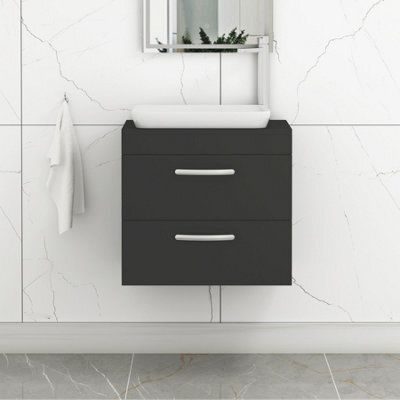 Royal Bathrooms Turin 600mm Wall Mounted Bathroom Vanity Unit With Sink 2 Drawer Matt Black & Qubix Countertop Basin - image 1